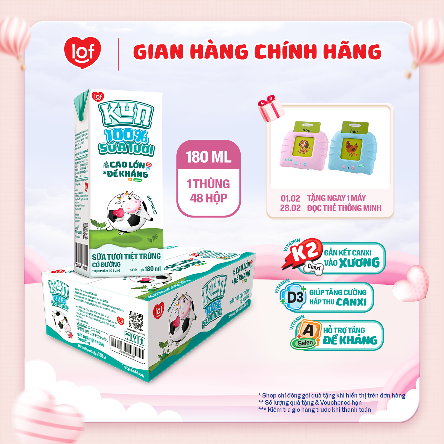 100% sữa tươi KUN có đường thùng 48 hộp x 180ml