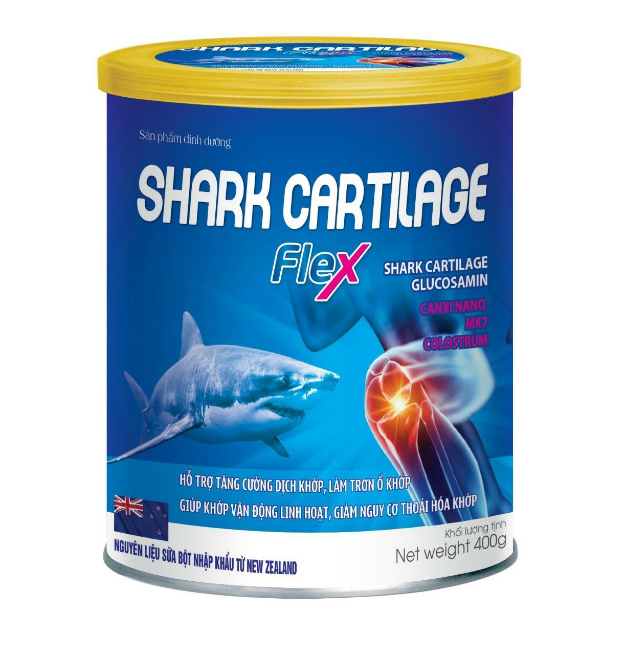 Sữa Bột Shark Cartilage Flex với thành phần sụn vi cá mập glucosamine canxi nano MK7 Hỗ trợ tăng cường dịch khớp làm trơn ổ khớp giảm đau nhức xương khớp giúp khớp vận động linh hoạt- hộp 400g