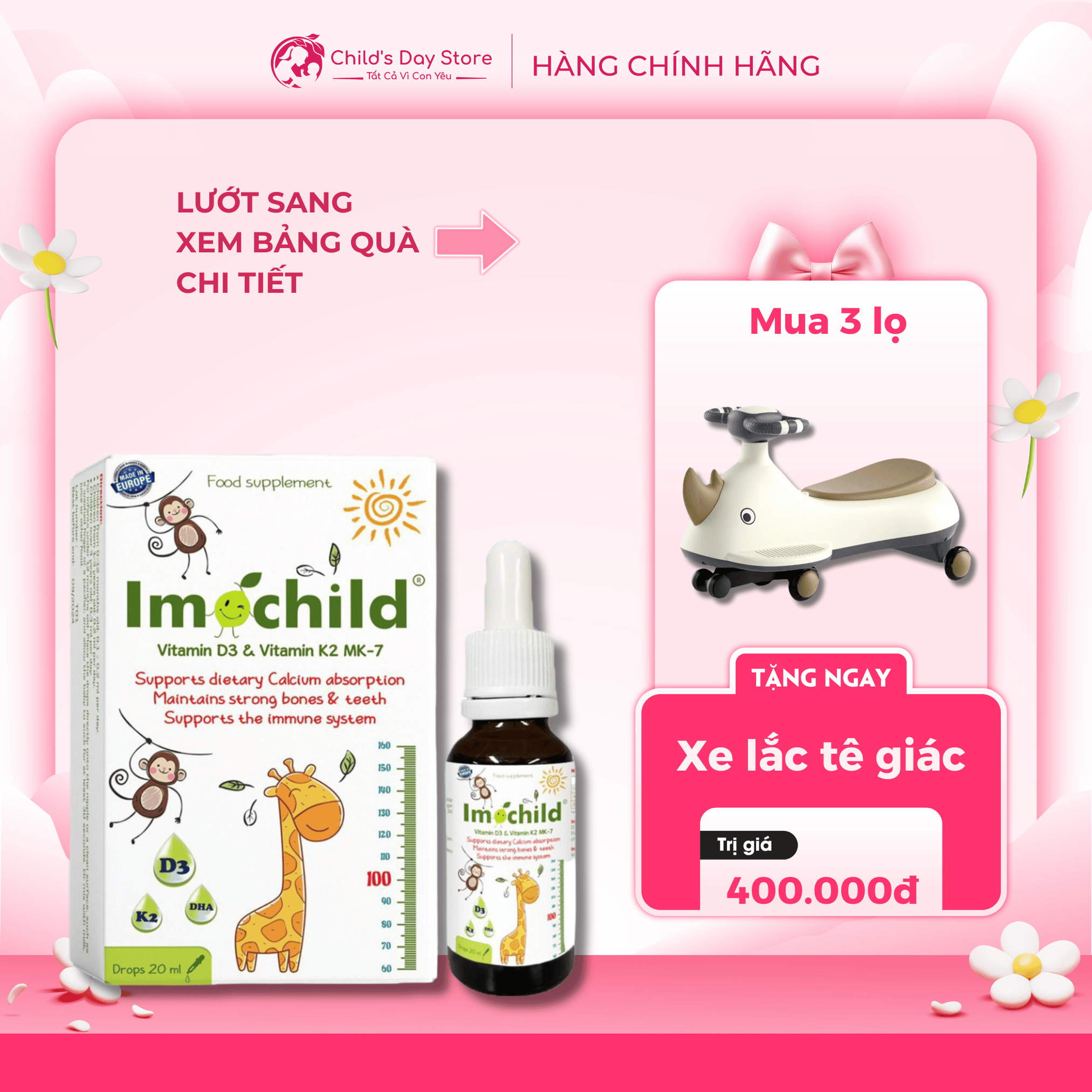 Siro Vitamin D3K2 Imochild 20ml | Công Thức Hấp Thụ Tốt – Giúp Bé Cao Lớn Xương Răng Khỏe Mạnh