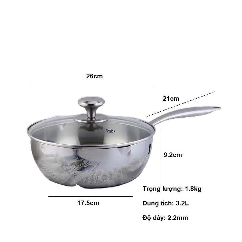 Chảo Inox 316 Sâu Lòng Lunkai Đúc Nguyên Khối Kèm Nắp Kính Size 12-16-20-24-26cm