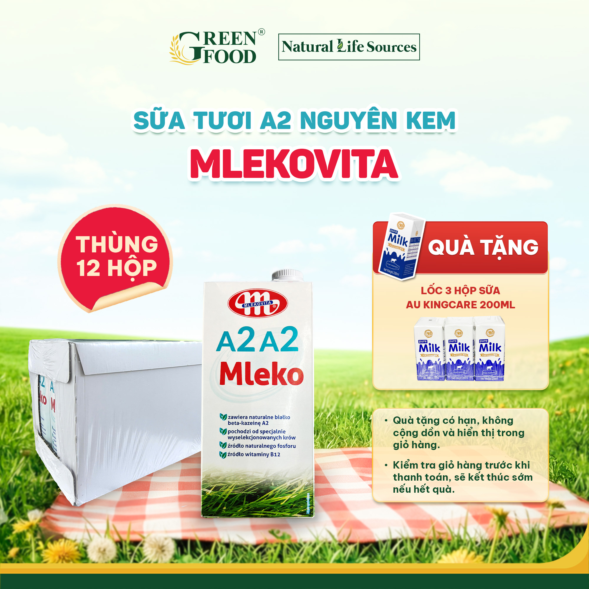 Thùng 12 Hộp Sữa Tươi Mlekovita A2A2 Nguyên Kem Cao Cấp - Hộp 1L nhập khẩu Ba Lan Độ Béo Cao 3.8 Dễ Tiêu Hóa Giàu Đạm và Canxi