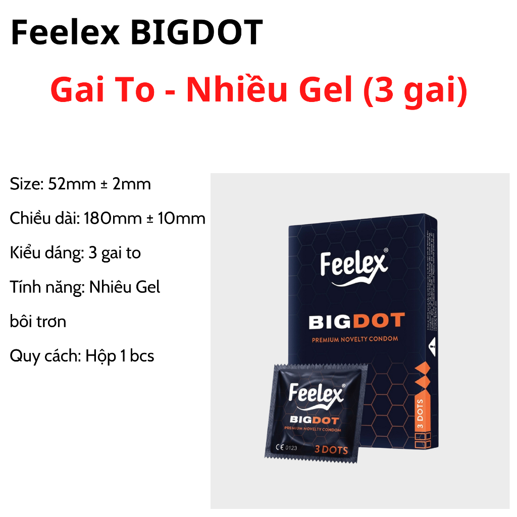 Bao cao su gai to Feelex Bigdot có 3 bi lớn nhiều gel bôi trơn - Hộp 1 chiếc