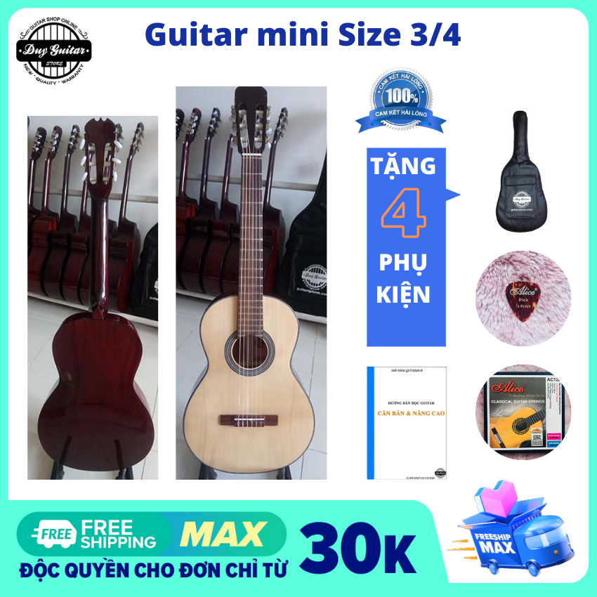 Đàn guitar classic Mini DC100 đàn guitar mini cho học sinh size 3/4 - kèm bao da 3 lớp giá trình và phụ kiện guitar Duy Guitar Store