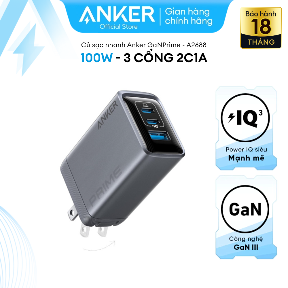Củ sạc nhanh Anker GaNPrime 100W - 3 cổng 2C1A sạc 3 thiết bị cùng lúc - hỗ trợ PD/PPS 2.0 - A2688