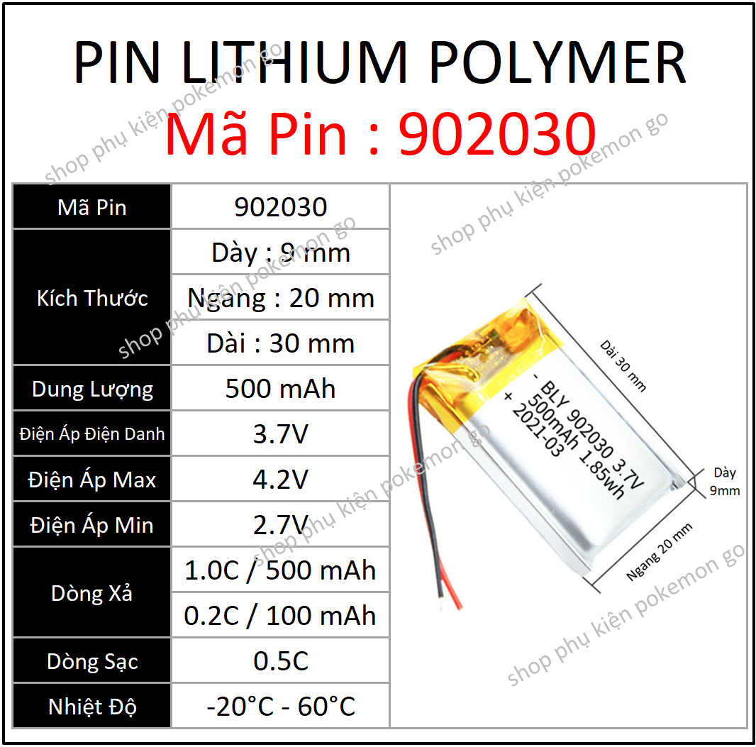 Pin Lithium - Ion 3.7V 902030 500mah