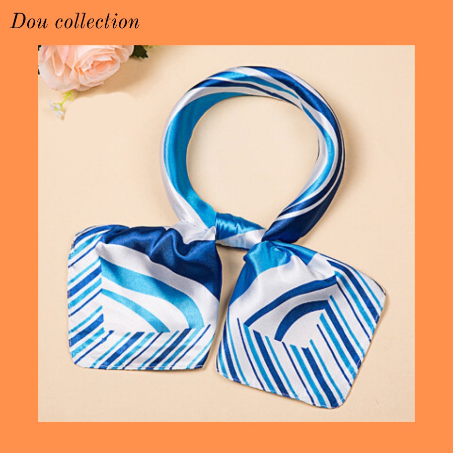 Khăn Lụa VuôngTurban Satin Họa Tiết Sọc Xanh Viền Sọc Xanh Chất Liệu Satin Size 60x60cm - Mã ST004