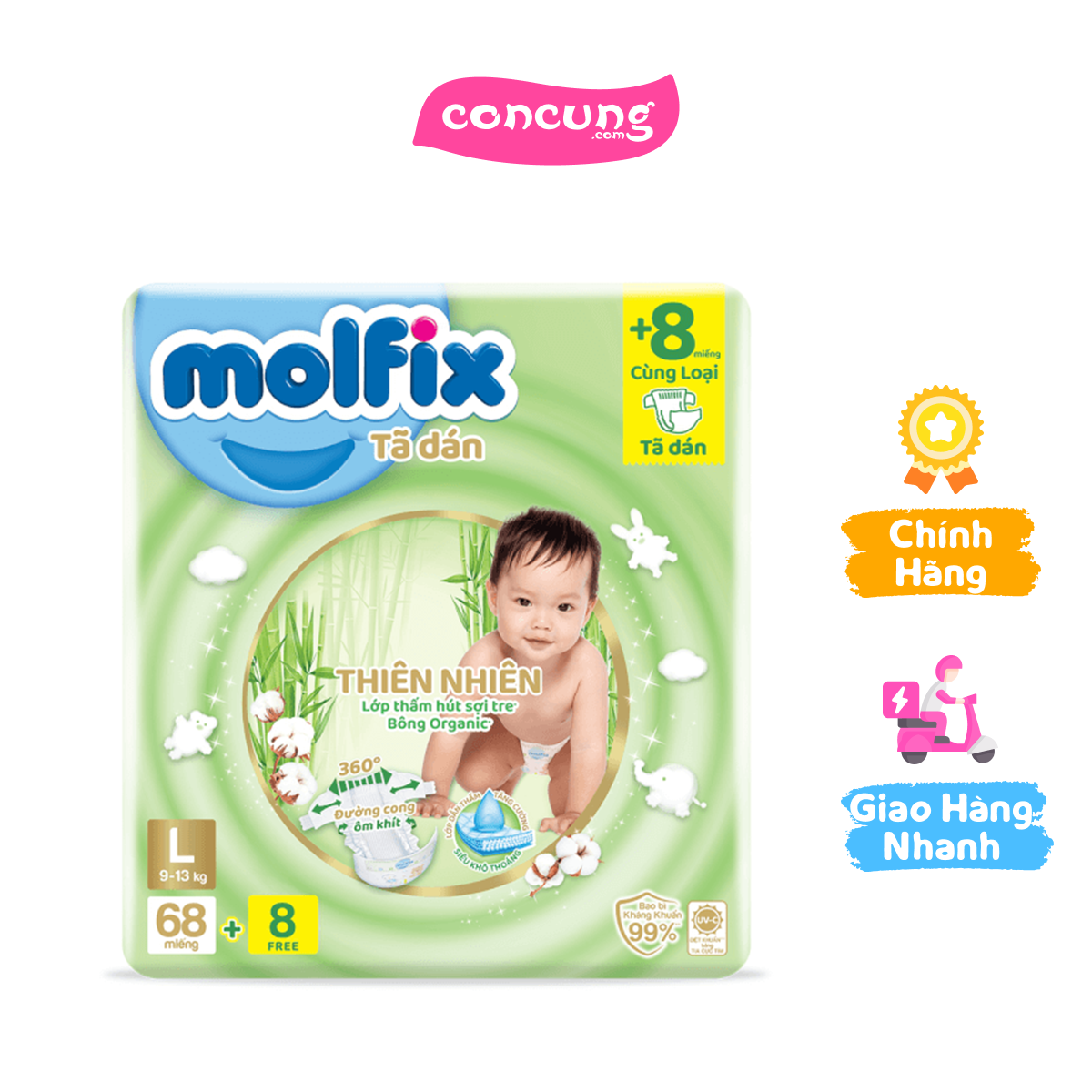Bỉm tã dán Molfix thiên nhiên (L 9-13kg 68 miếng) + 8 miếng