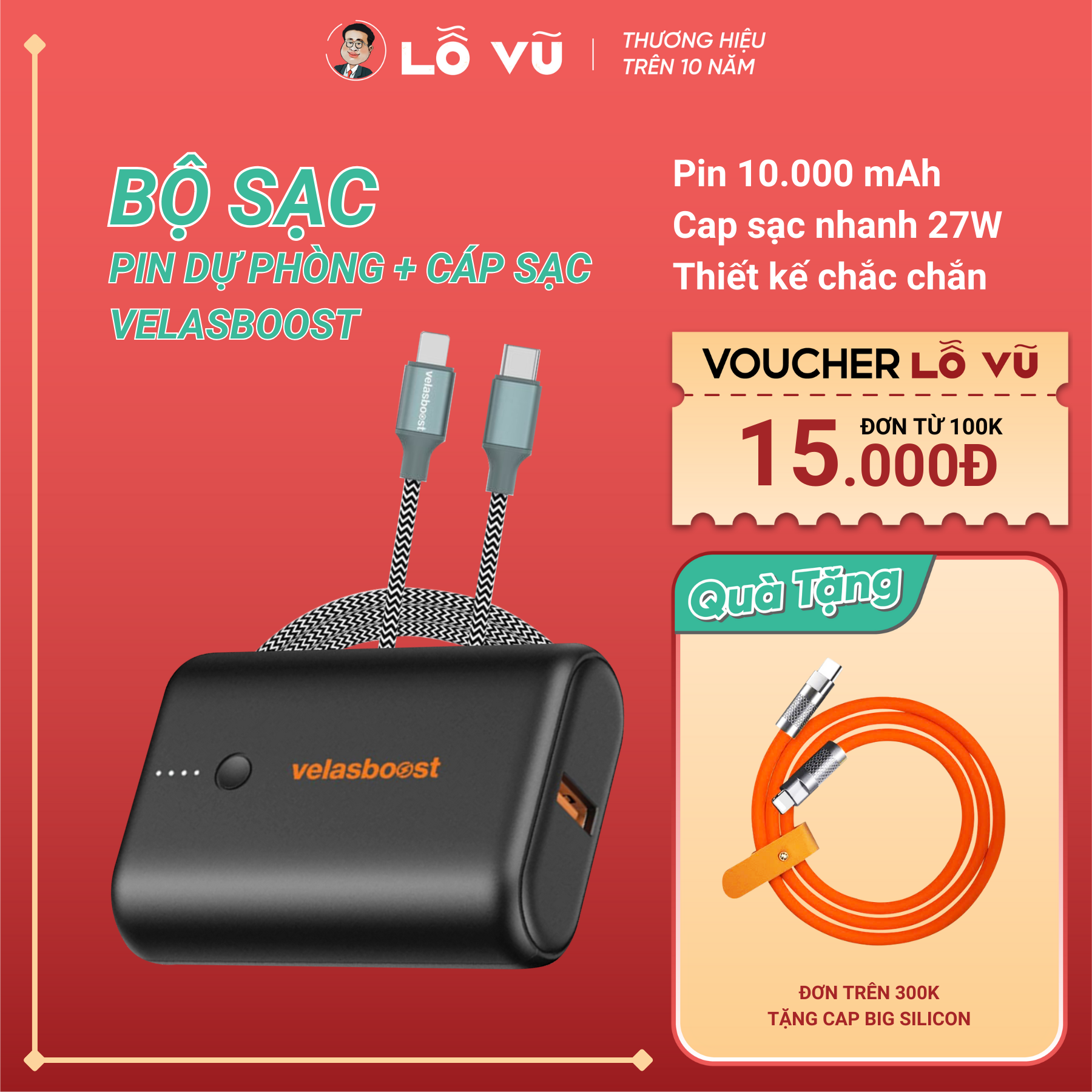 Bộ Sạc Velasboost Pin dự phòng Velasboost Dynamic 1 10.000 mAh Cáp Sạc Nhanh C-L Velasboost Bọc dù F