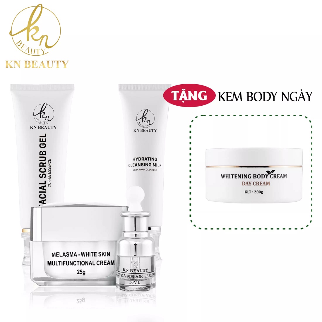 Combo 4 Bước Chăm Sóc Da Trắng Sáng Ngừa Nám Kn Beauty Chuyên Sâu: Kem Dưỡng 25G + Serum 30Ml+ Sữa Rửa Mặt 100G+ Tẩy Tế Bào Chết 120Ml (Quà Tặng Body Bơ Ngày)