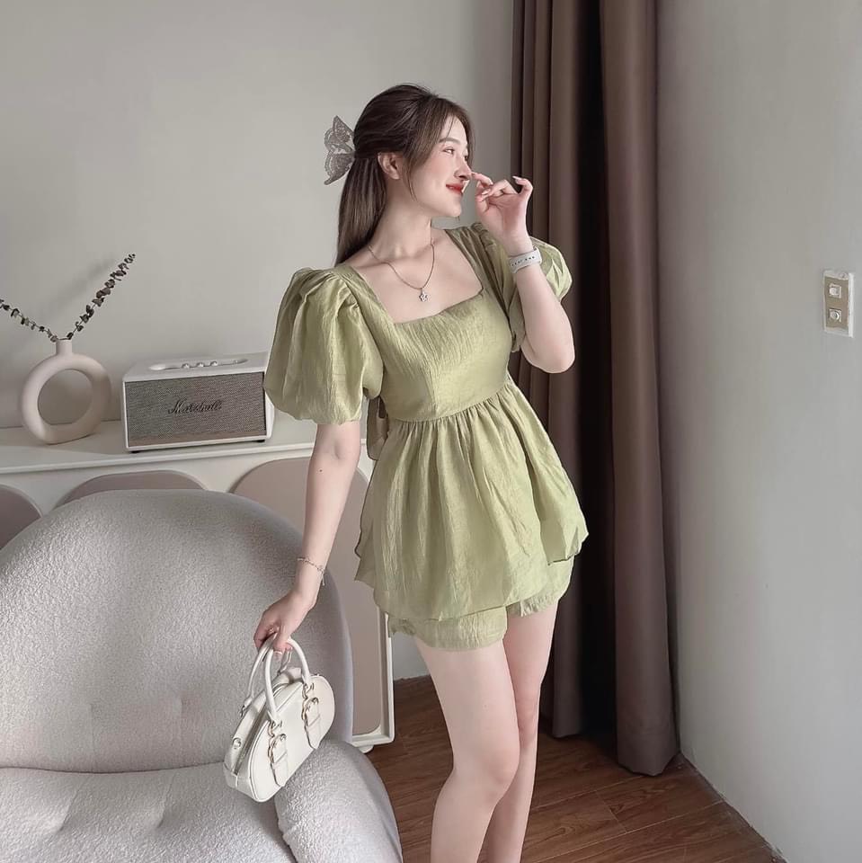 Set voan mềm mại mùa hè áo kiểu babydoll cột nơ cổ vuông đồ bộ mặc nhà vải voan mát mẻ y hình