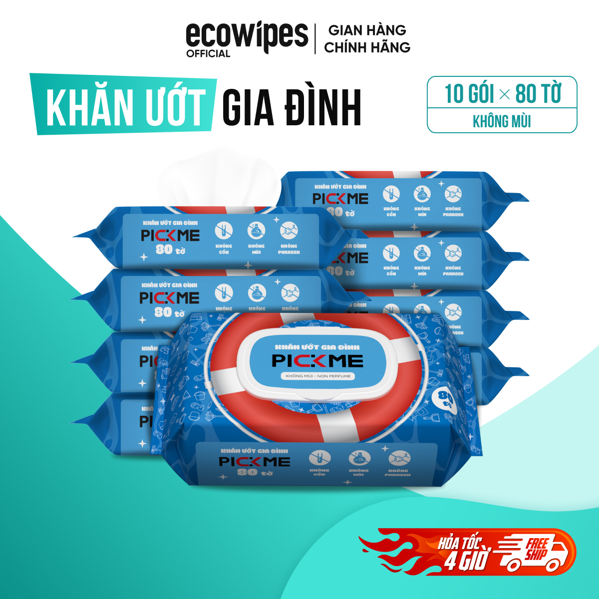 Thùng 10 gói khăn ướt cho bé gói 80 tờ Pickme EcoWipes không mùi siêu tiết kiệm