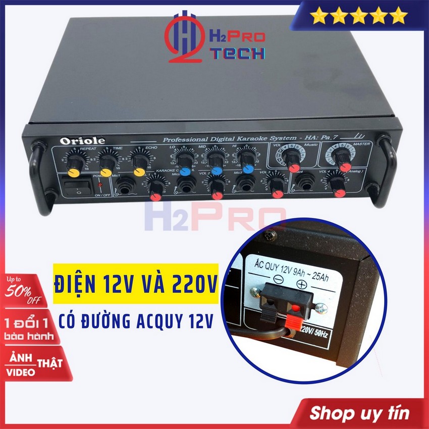 Âm Ly Mini Oriole Pa7 Công Suất Lớn 250W Dùng Loa Phóng Thanh 4 Sò Lớn 4 Đường Mic 12V-220V Tặng Dây