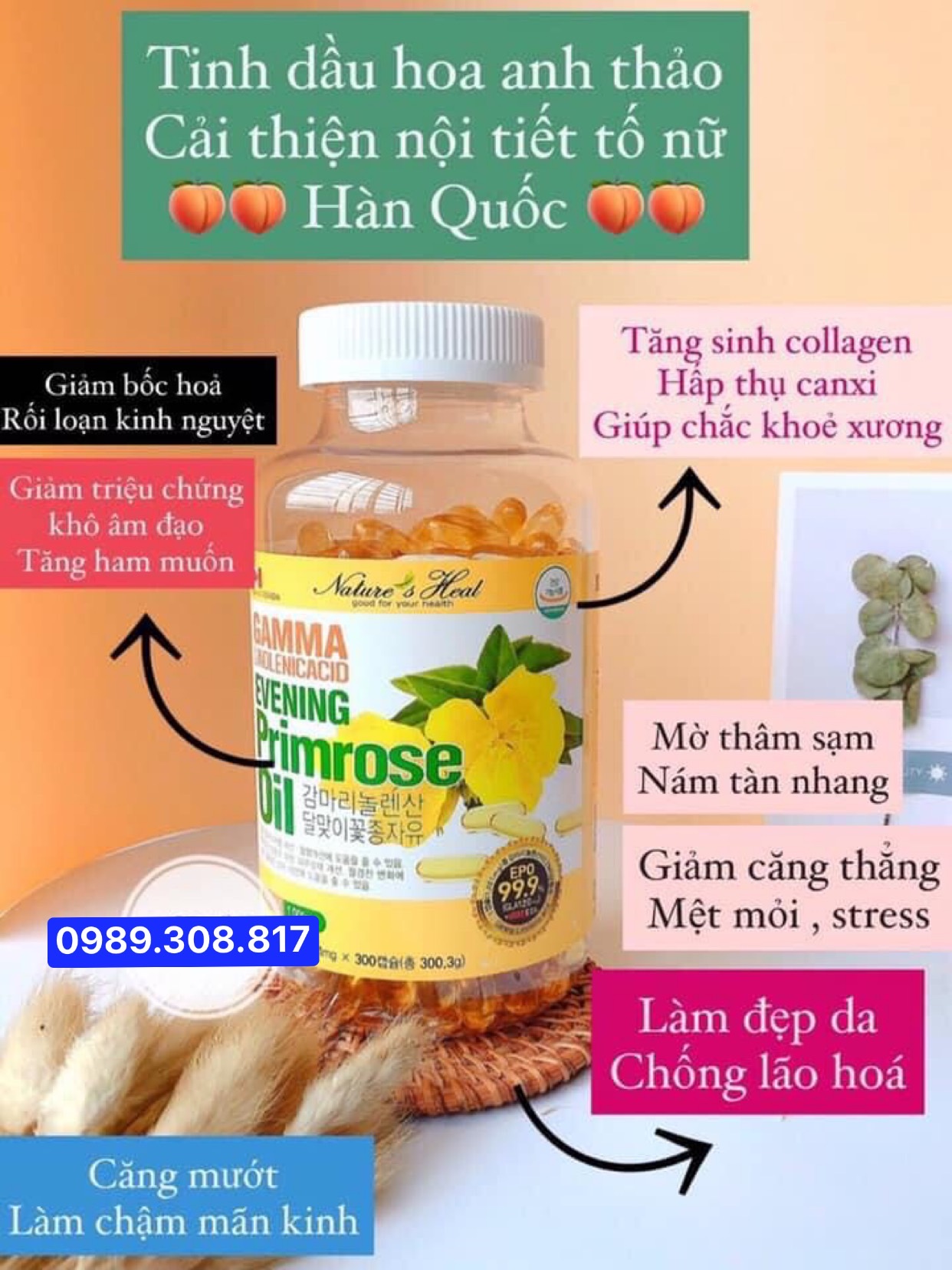 Lọ 300Viên - Tinh Dầu Hoa Anh Thảo Hàn Quốc Bổ Xung Nội Tiết Tố Giảm Khô Tăng Ham Muốn Phụ Nữ