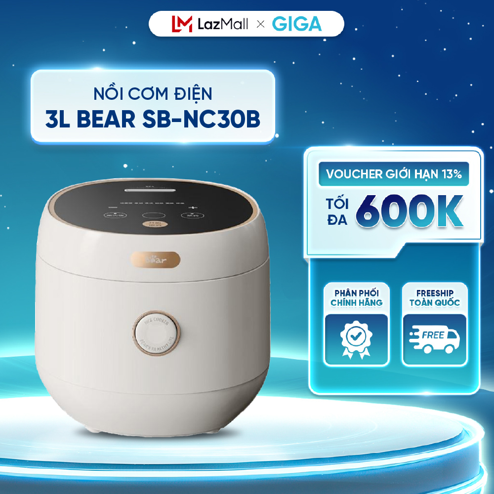 Nồi cơm điện 3L Bear SB-NC30B - Trang bị 6 chức năng nấu đa dạng - Màn hình cảm ứng điều khiển dễ dà