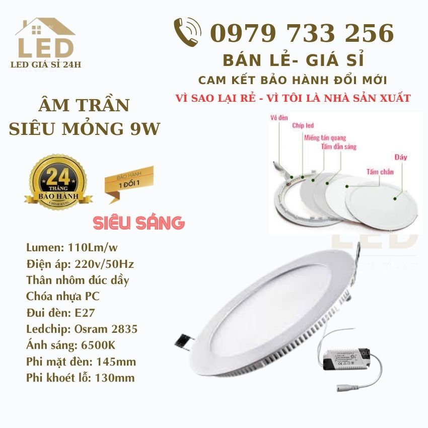 ĐÈN LED ÂM TRẦN SIÊU MỎNG 9W TRÒN ÁNH SÁNG TRẮNG SIÊU SÁNG BÁN LẺ GIÁ SỈ HÀNG CHẤT LƯỢNG CAO BẢO HÀNH UY TÍN TẠI LED GIÁ SỈ 24H