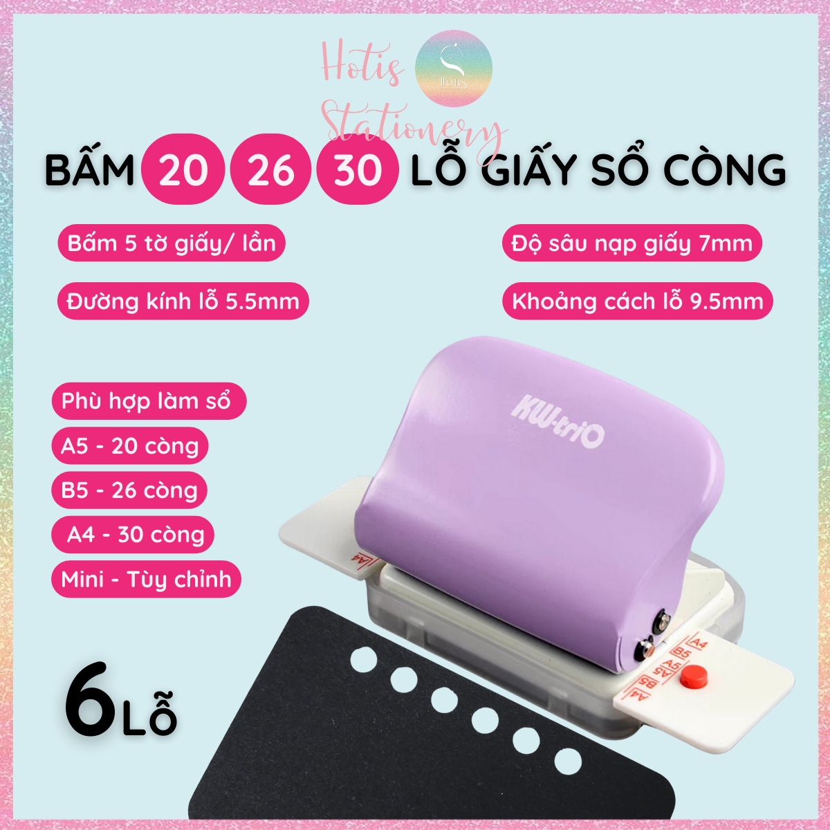Bấm lỗ giấy 3 lỗ 6 lỗ A4/ B5/ A5 KW-triO làm ruột sổ còng binder đục lỗ giấy sổ còng
