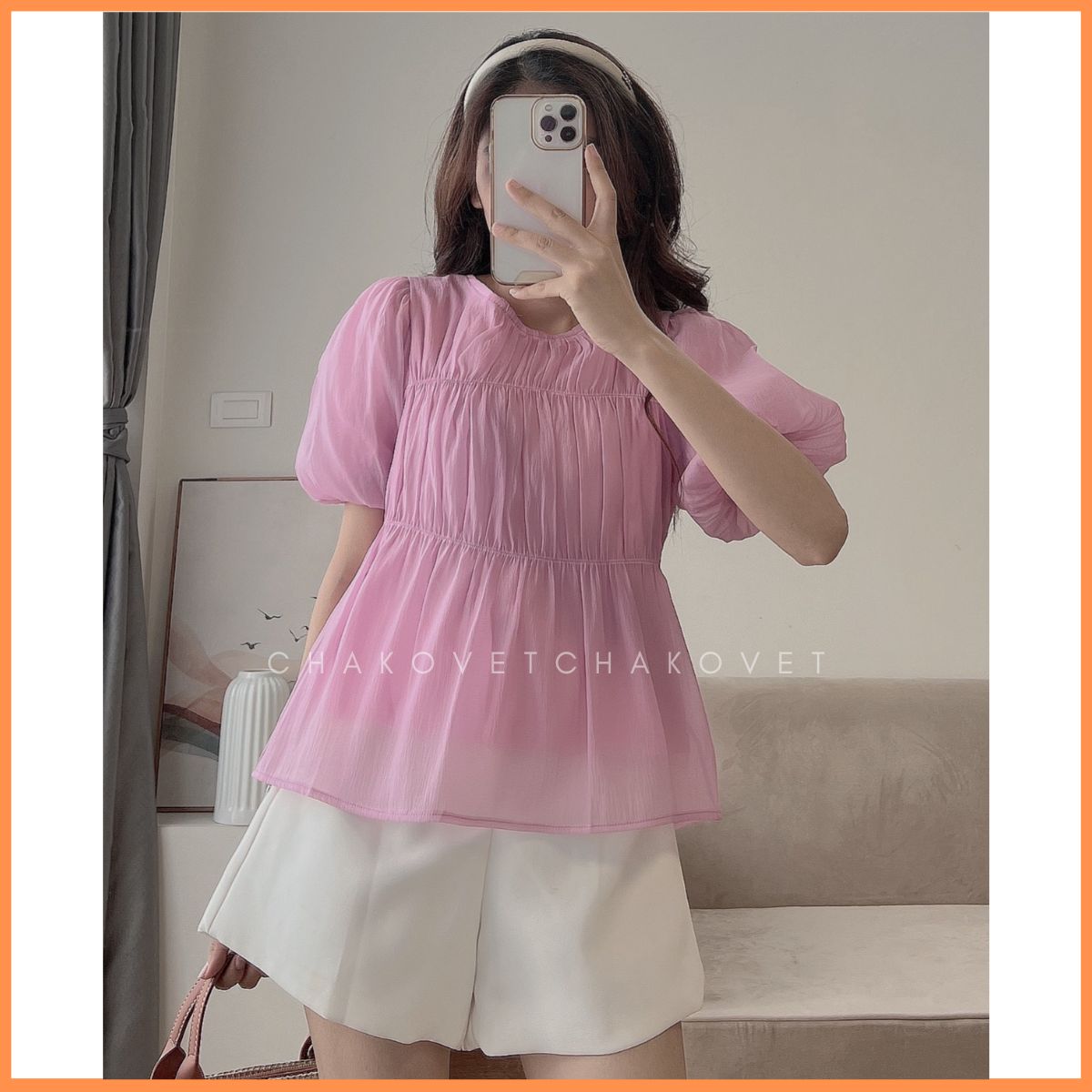 Áo nữ dáng babydoll hai lớp thiết kế tay phồng bo chun phong cách Hàn Quốc tối giản cực xinh cực san