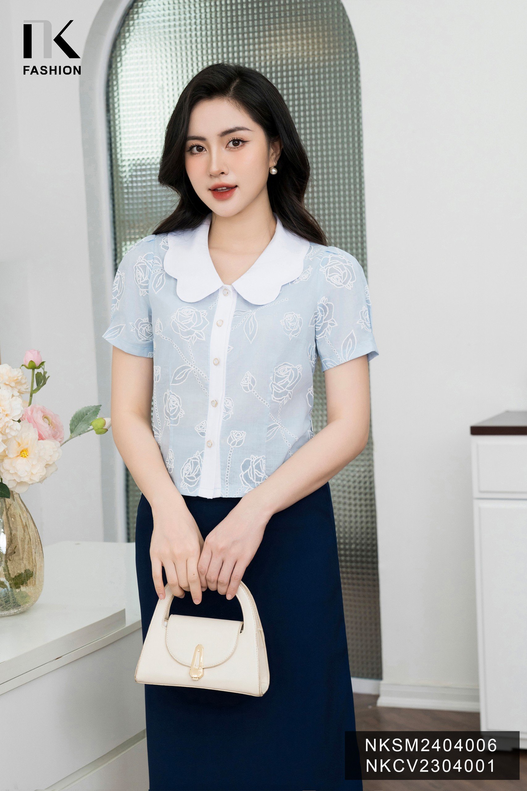 Áo Sơ Mi Hoa Hồng Phối Cổ Nếp NK Fashion Công Sở Nữ Thanh Lịch Vải Mềm Mịn NKSM2404006