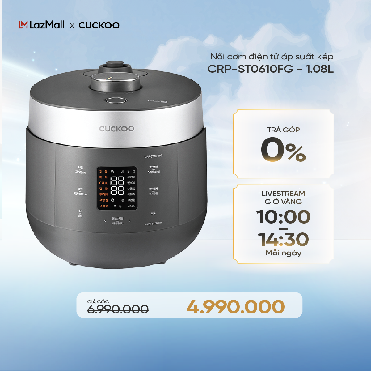 Nồi cơm điện tử áp suất kép Cuckoo 1.08L CRP-ST0610FG - Lòng nồi phủ men Xwall độc quyền - Bảng điều