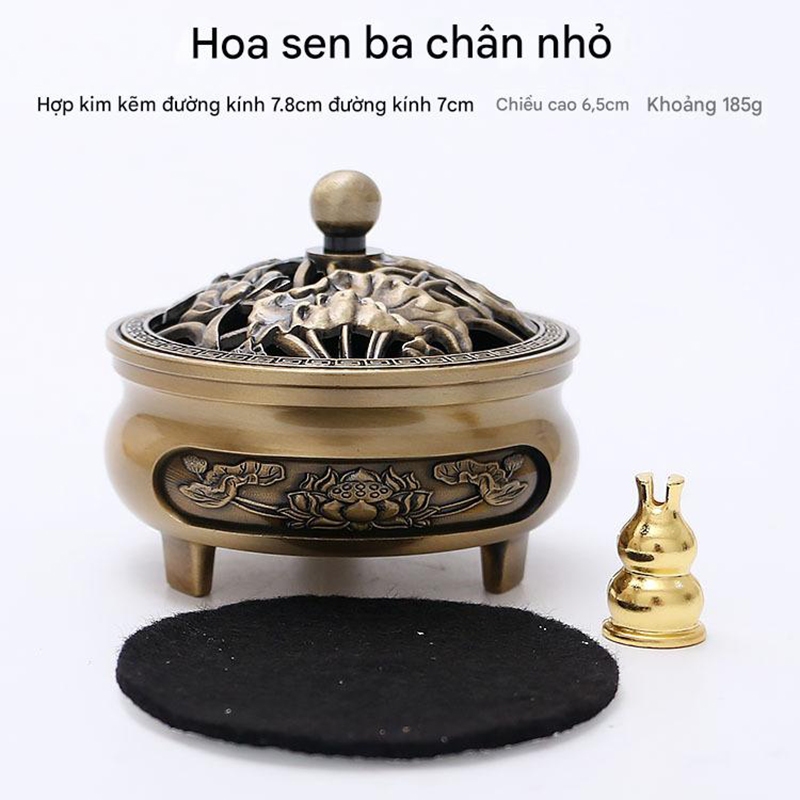 Lư Đồng Đốt Trầm 3 Chân Điêu Khắc Rồng Hoa Sen Tinh Xảo Lư Nụ Trầm Hương Cầu Bình An Tài Lộc
