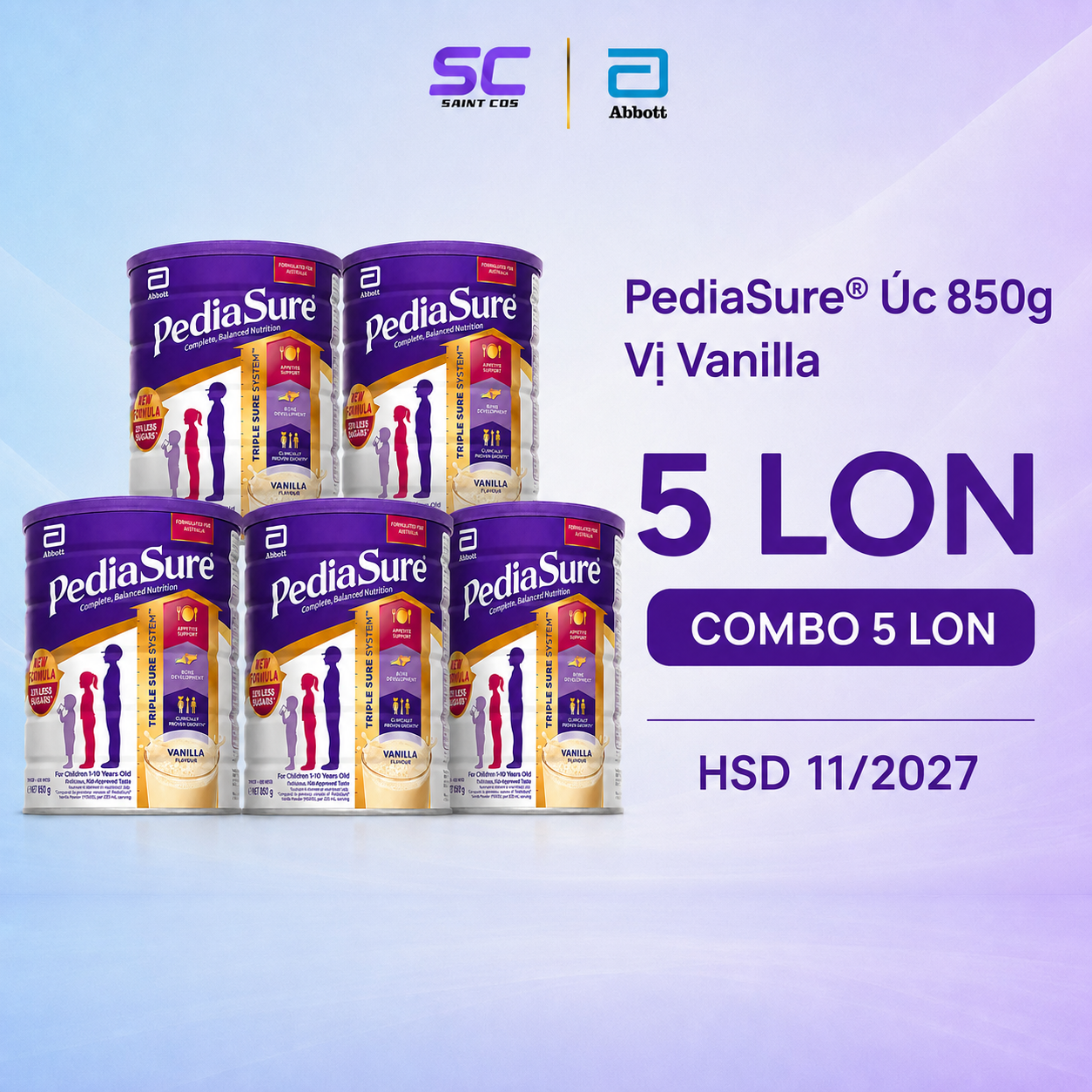 Sữa bột Abbott PediaSure Úc 850g bộ 5 lon 425kg vị Vanilla cho trẻ 1-10 tuổi gói gia đình