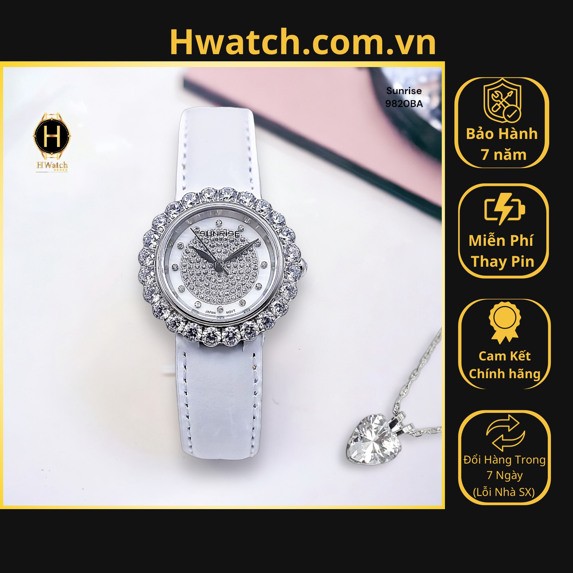 [Có sẵn] [Chính hãng] Đồng Hồ Nữ Sunrise Pin 9820BA Dây Da Trắng Mặt Trắng Sapphire Hwatch.com.vn