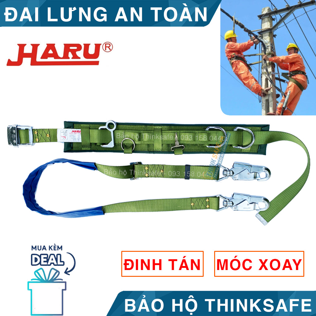 Dây đai an toàn quàng trụ điện lực Haru Japan Dây bảo hộ khi làm việc trên cao móc xoay 360 độ 2 móc