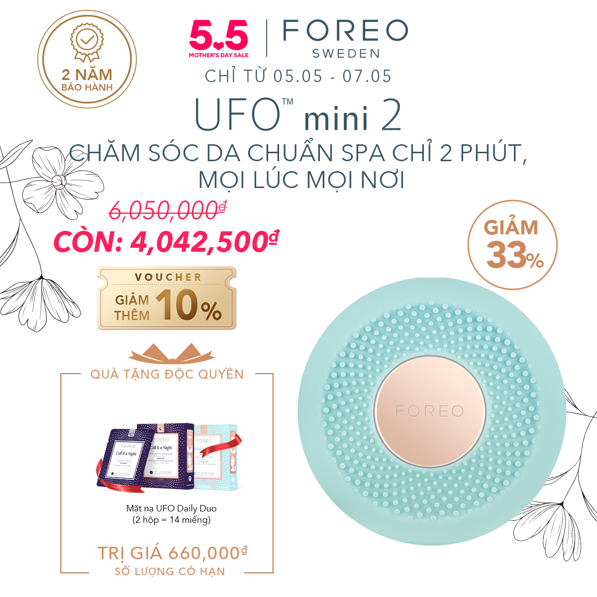 Máy đắp mặt nạ thông minh FOREO UFO mini 2 trị liệu bằng nhiệt và đèn LED có thể sạc bảo hành 2 năm tương thích với một số mặt nạ FOREO UFO - intl