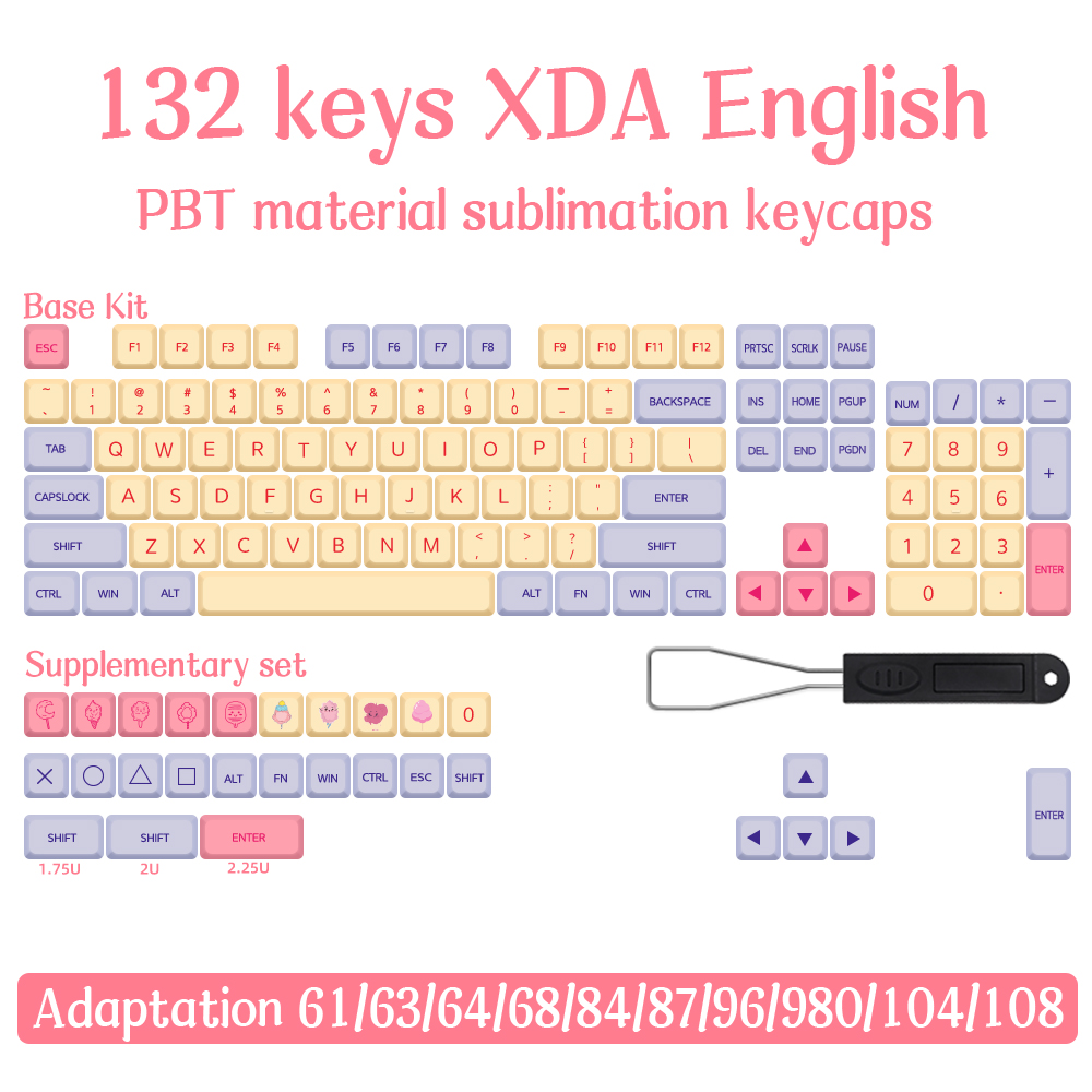 132 Keys XDA Pink Keycaps PBT Dye Sublimation Purple Yellow Keycap Marshmallow Theme For Mechanical 