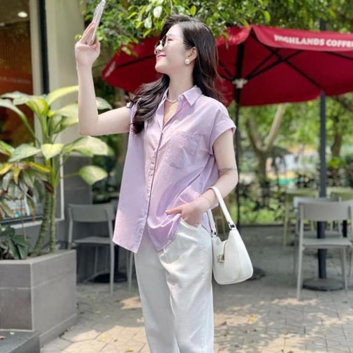 Áo sơ mi nữ Linen Premium form rộng tay hến trẻ trung chất vải Linen bột mềm mát - Tím nhạt