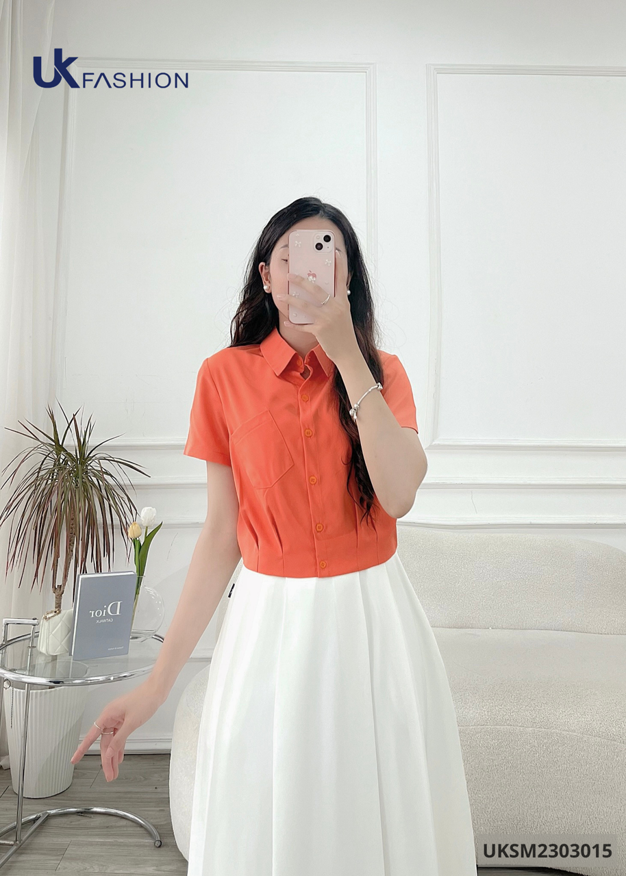 Áo Sơ Mi Nữ NK Fashion UKSM2303015 Cổ Đức Croptop Xếp Túi Ngực Phong Cách Công Sở