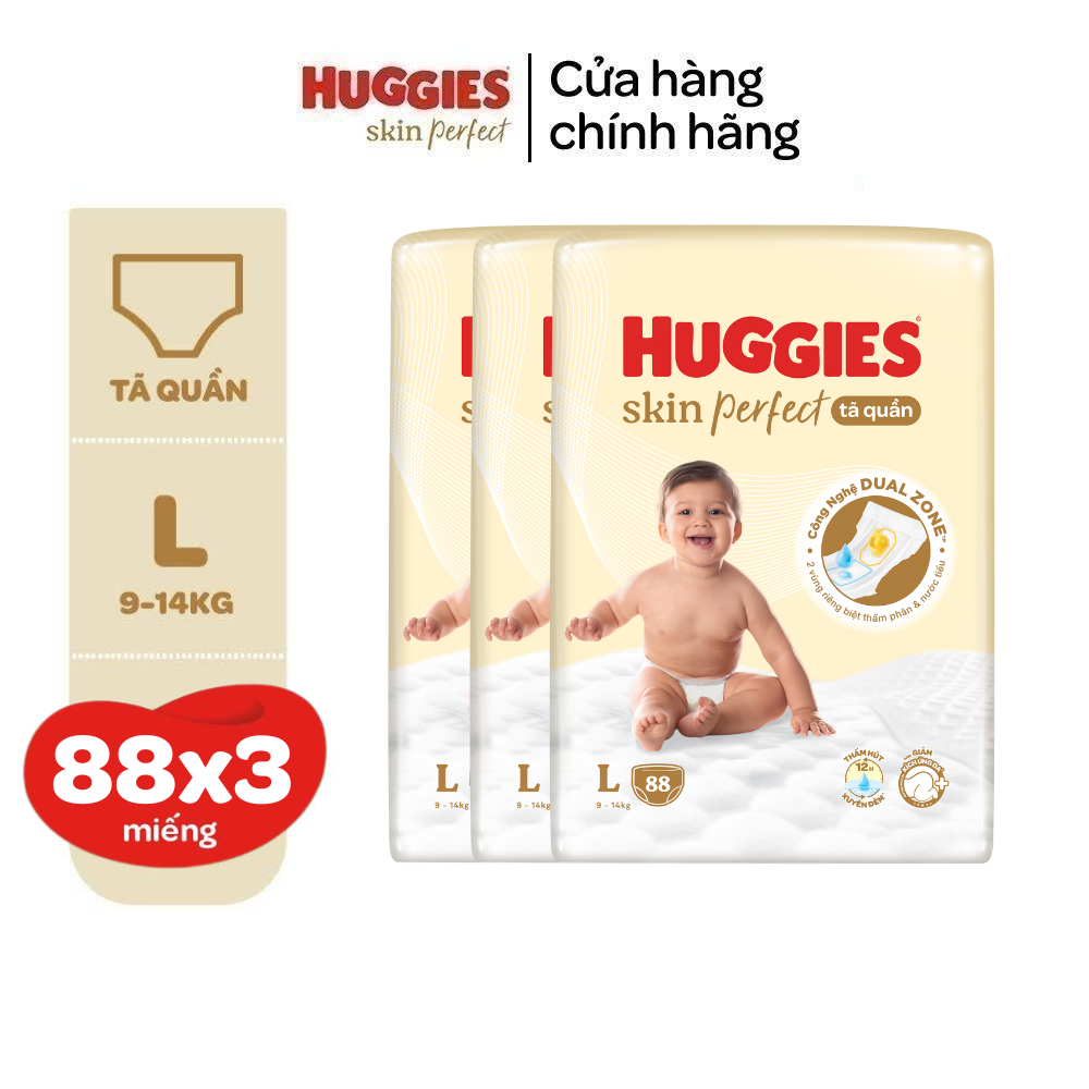 Combo 3 gói Tã quần Huggies Skin Perfect Mega Jumbo M98/L88/XL72+4/XXL64+4 miếng với 2 vùng thấm giảm kích ứng da