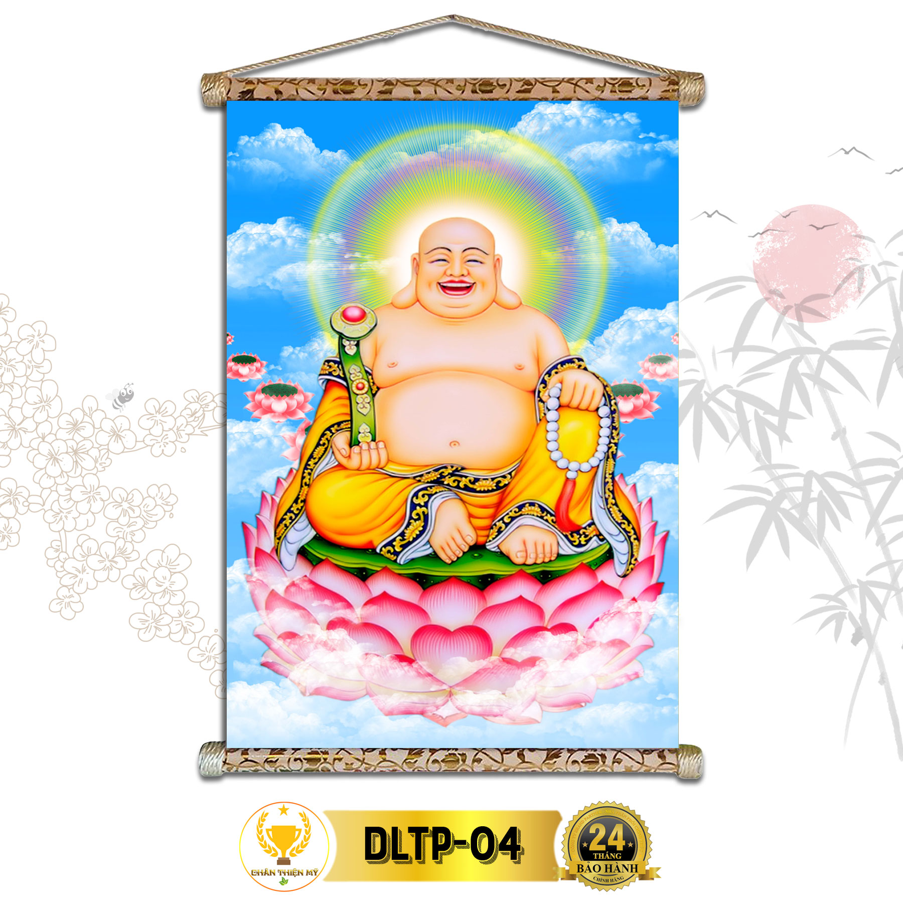 Tranh Phật Treo Tường Phật Di Lặc CHÂN THIỆN MỸ Chất Liệu Vải Lụa Kim Sa Khung Gỗ 40x60cm DLTP-04