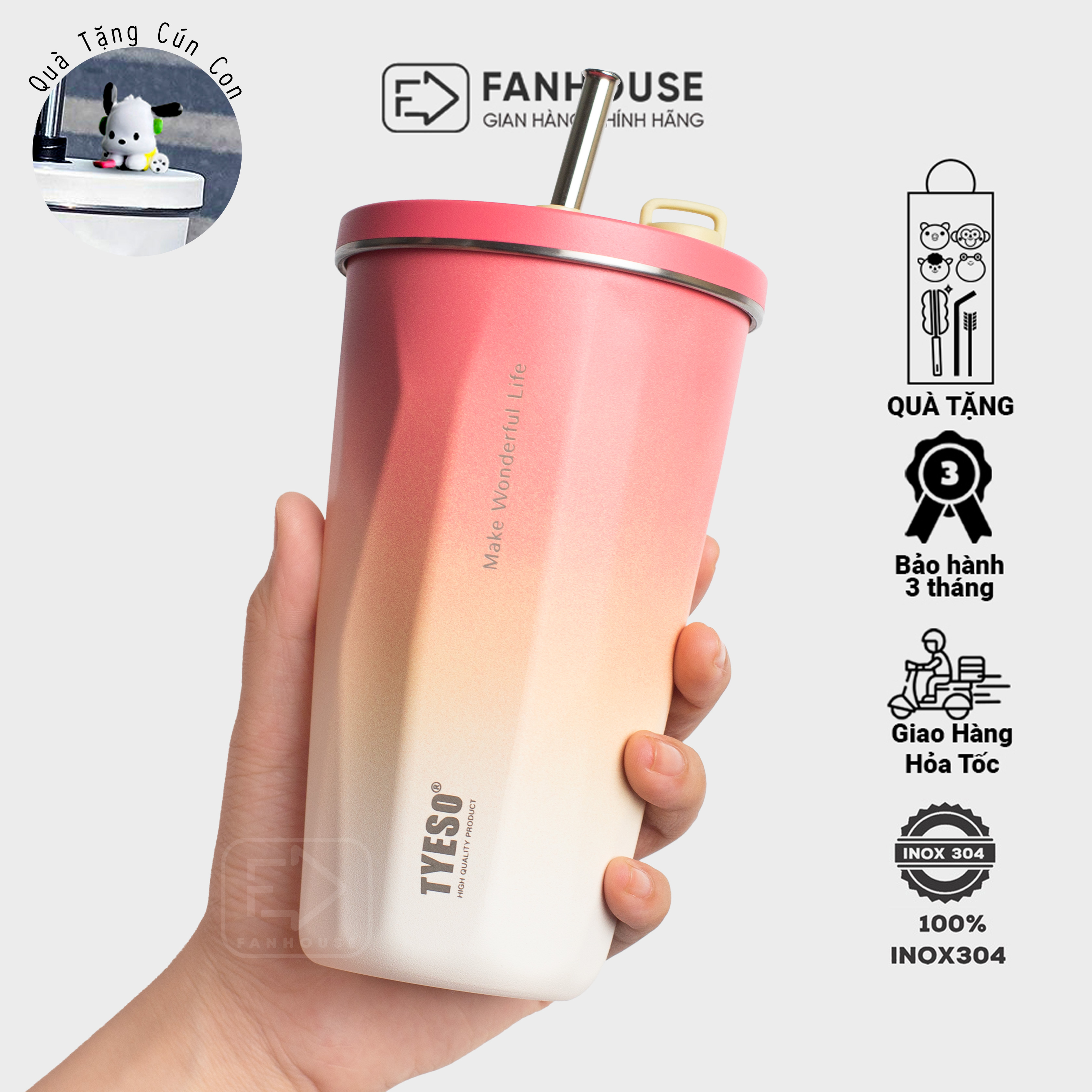 Ly giữ nhiệt cao cấp Tyeso Wonder 600ml cốc nước giữ nhiệt Fan House bình có ống hút khắc tên