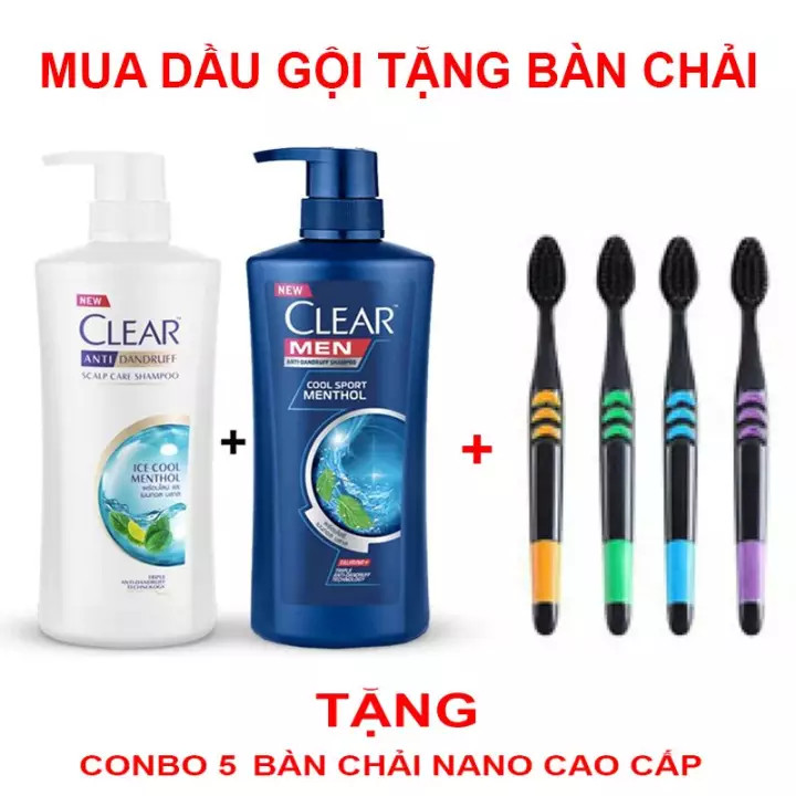 Bộ 2 Chai dầu gội Clear Bạc Hà 480ml và Clear Men 450ml Thái Lan Tặng 5 bàn chải than hoạt tính