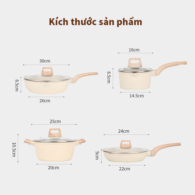 4pcs Bộ nồi chảo chống dính Áp dụng cho bếp từ và bếp ga Chảo chiên Nồi nấu súp nồiVới nắp kính
