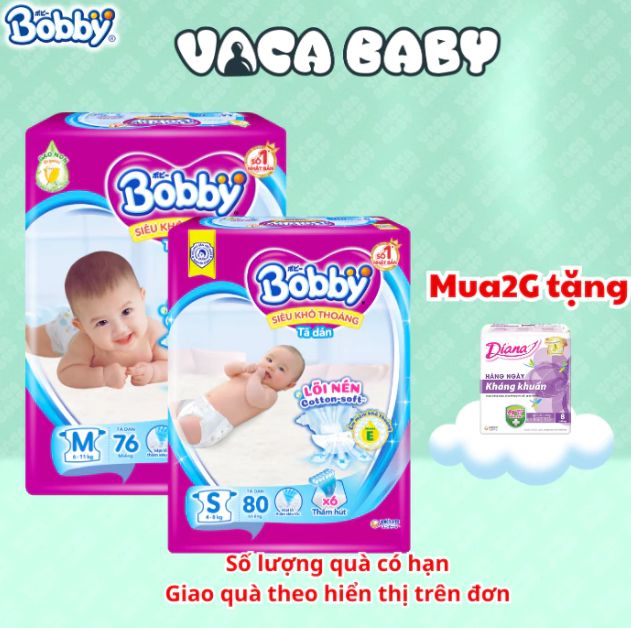 Combo 2 Gói Tã Bỉm Dán Bobby Siêu Khô Thoáng Lõi Nén Thần Kỳ Đủ Size S80/M76/L68/XL62/XXL56 miếng