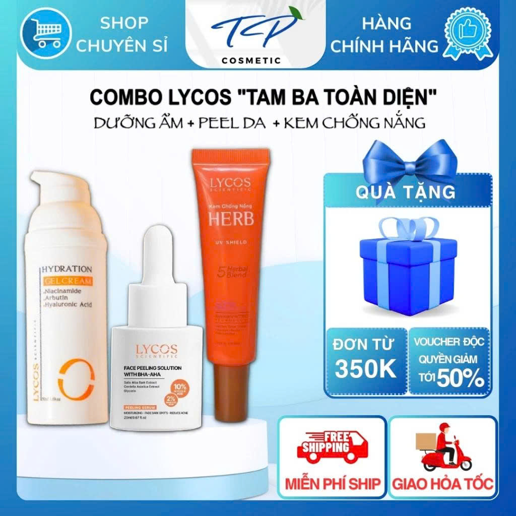 Combo TAM BA TOÀN DIỆN Lycos: Tinh Chất Peel Lycos – Gel Cấp Ẩm Lycos – Kem Chống Nắng LYCOS Herb UV
