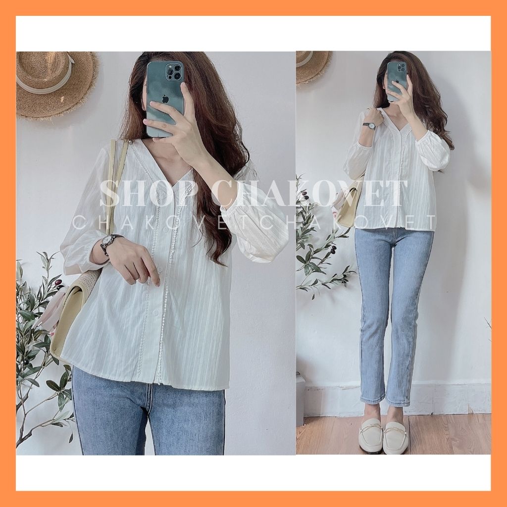 Áo sơ mi nữ dài tay màu trắng Áo kiểu nữ hạt gạo cổ tim thô đũi Freesize - CKA018