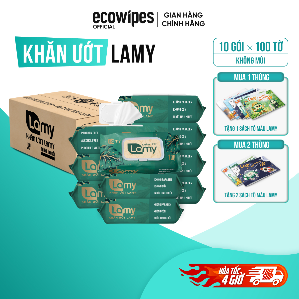 Thùng 10 gói khăn ướt LAMY 100 tờ không chất tẩy trắng không cồn không paraben