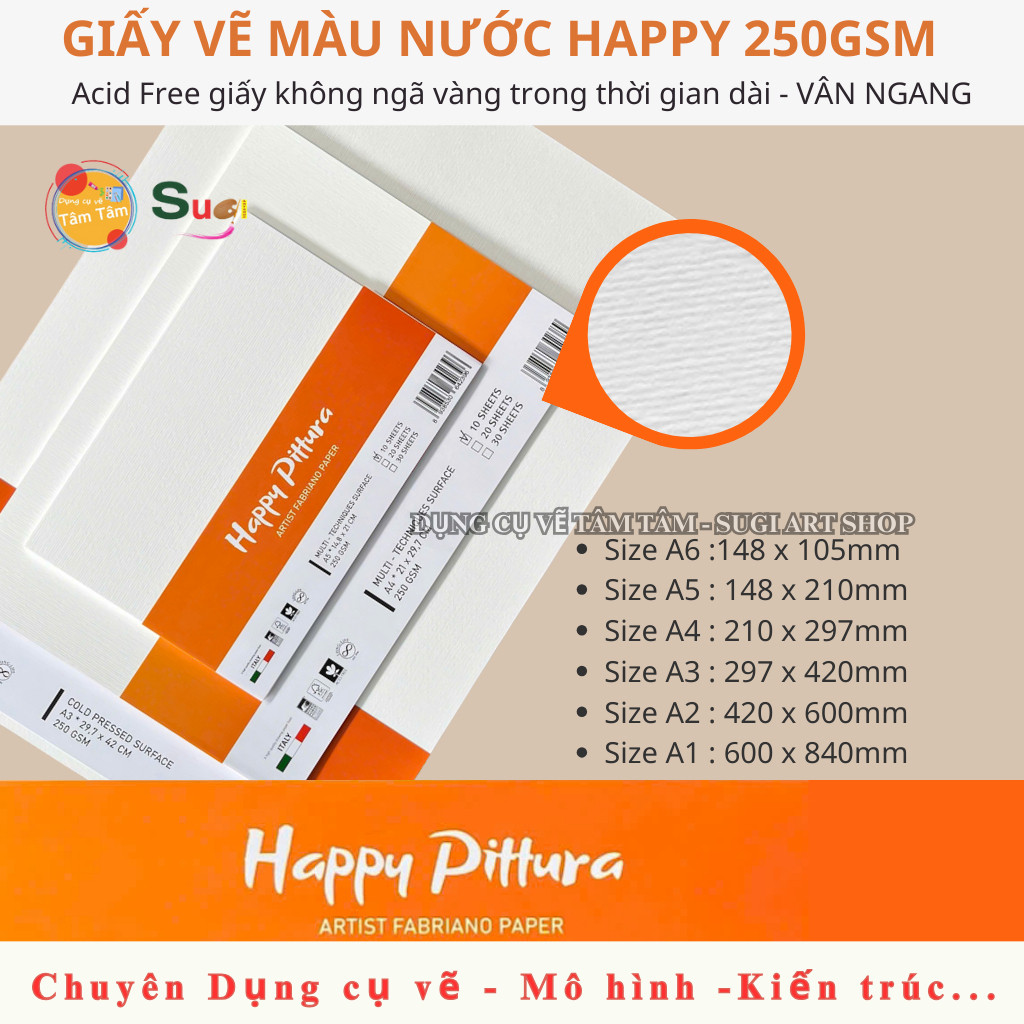 [ Tâm tâm ] Giấy vẽ màu nước 250gsm HAPPY PITTURA