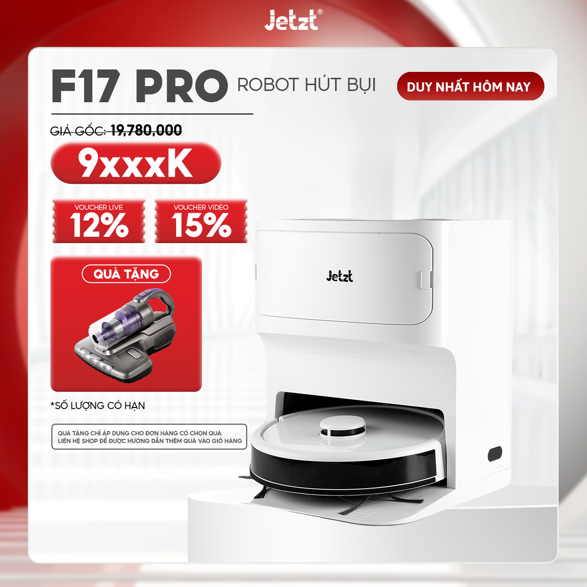 Robot hút bụi lau sàn tự động JETZT F17 PRO - Thiết kế nhỏ gọn, pin 5200mAh