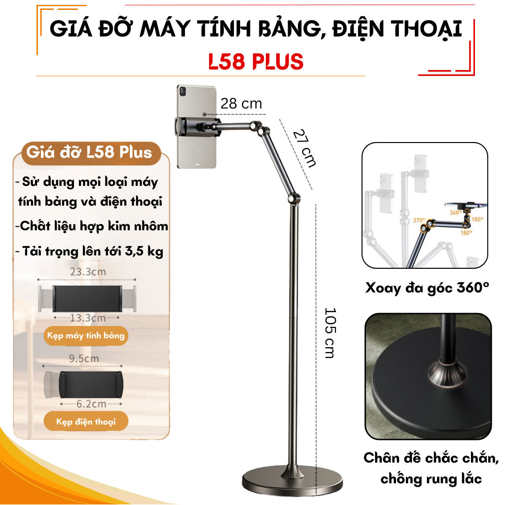 Giá đỡ ipad điện thoại máy tính bảng L58 plus - Tripod điện thoại - Gậy livestream quay phim chụp ả