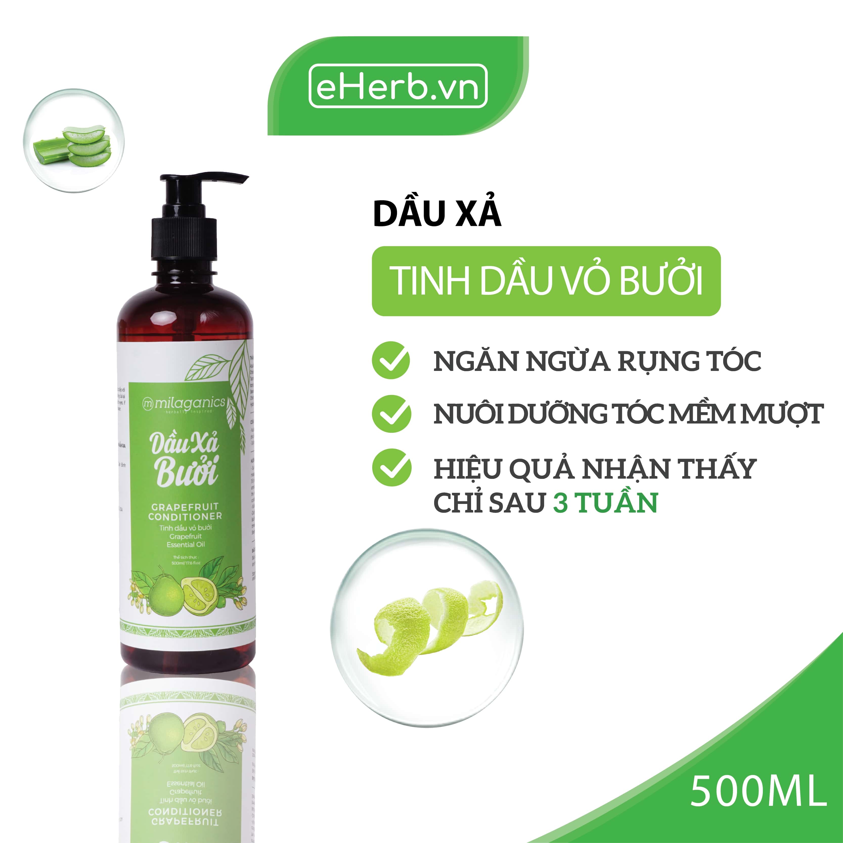 Dầu Xả Bưởi Nuôi Dưỡng Tóc Mềm Mượt Phục Hồi Tóc Hư Tổn Từ Tinh Dầu Bưởi Nguyên Chất Milaganics 500Ml (Chai)