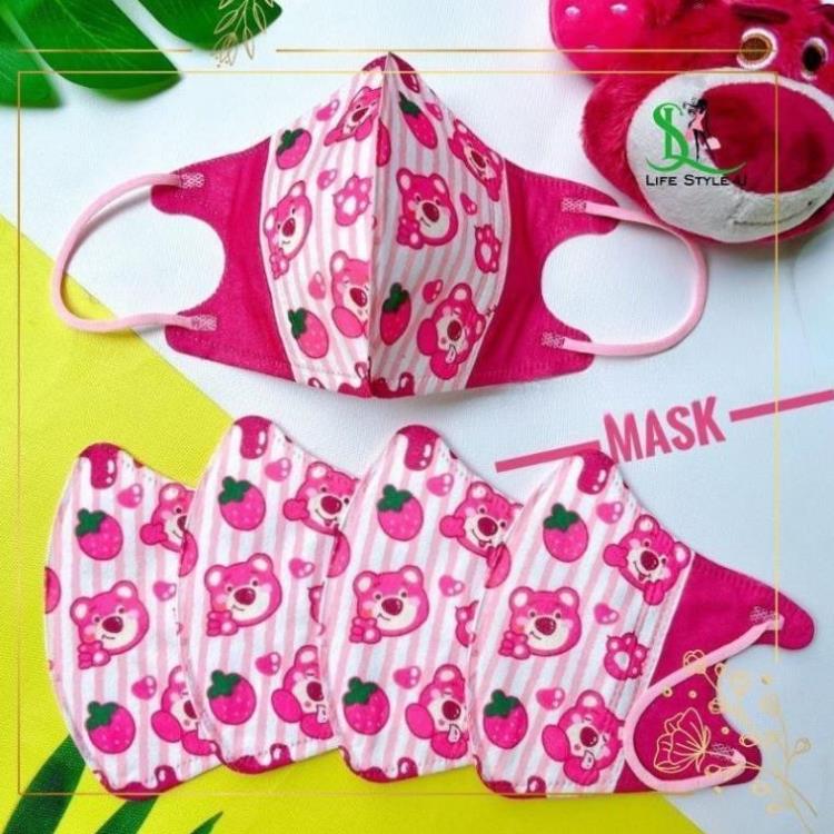 Túi 10 Cái Khẩu Trang 3D Dễ Thương Cho Bé – Vải Mềm Thoáng Khí Co Giãn Tốt Họa Tiết Gấu Dâu Thỏ