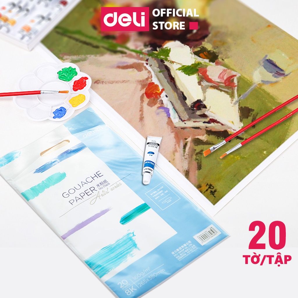 Giấy vẽ màu nước 230/180/160 gsm 20 tờ khổ 8K/16K/ 32K chuyên dụng Deli Gouache water color paper- 7