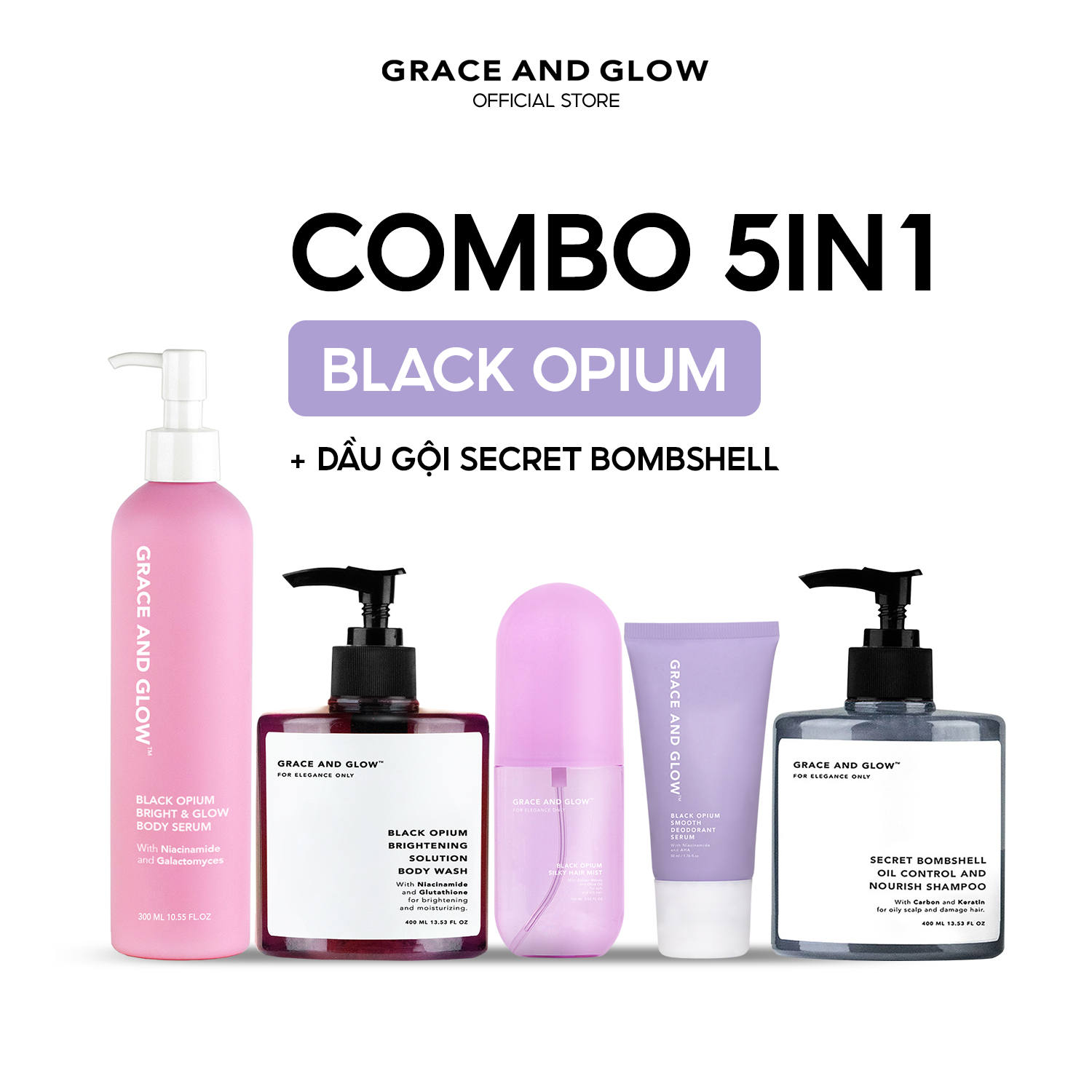 Combo 5in1 Grace and Glow Sữa tắm dầu gội sữa dưỡng thể xịt tóc lăn khử mùi Black Opium