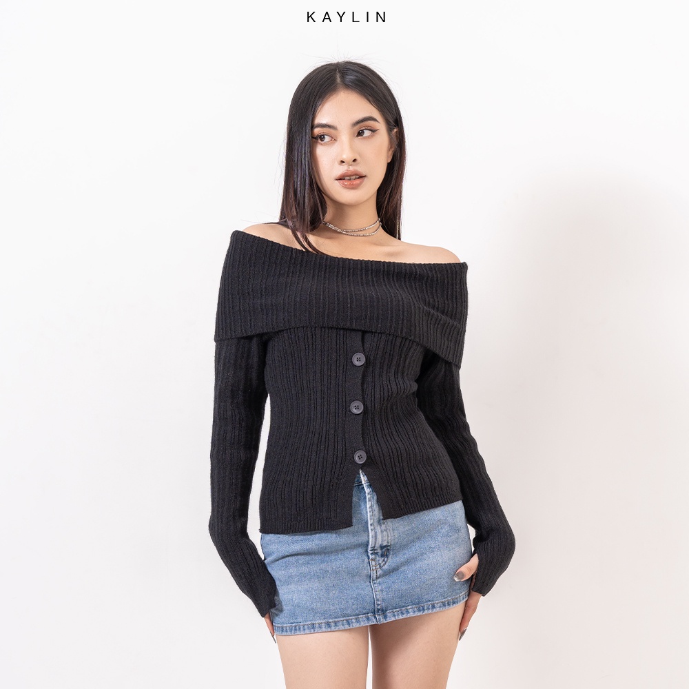 Áo len KAYLIN trễ vai phối nút - N1853
