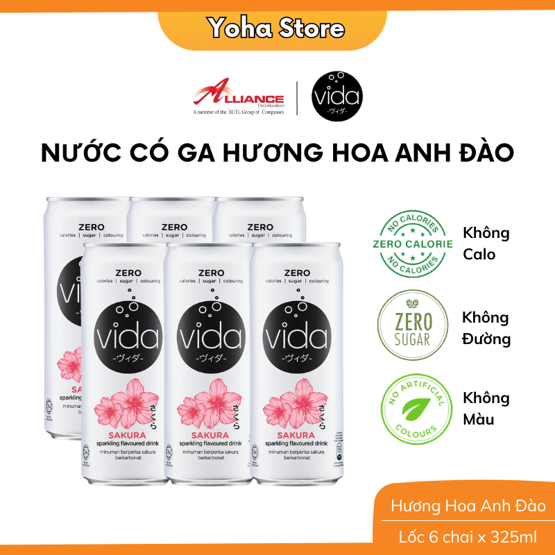 Nước Ngọt Có Ga Không Calo Vida Hương Cam Chanh Táo Vải Muối Nhập Khẩu Malaysia - 6 Lon x 325ml