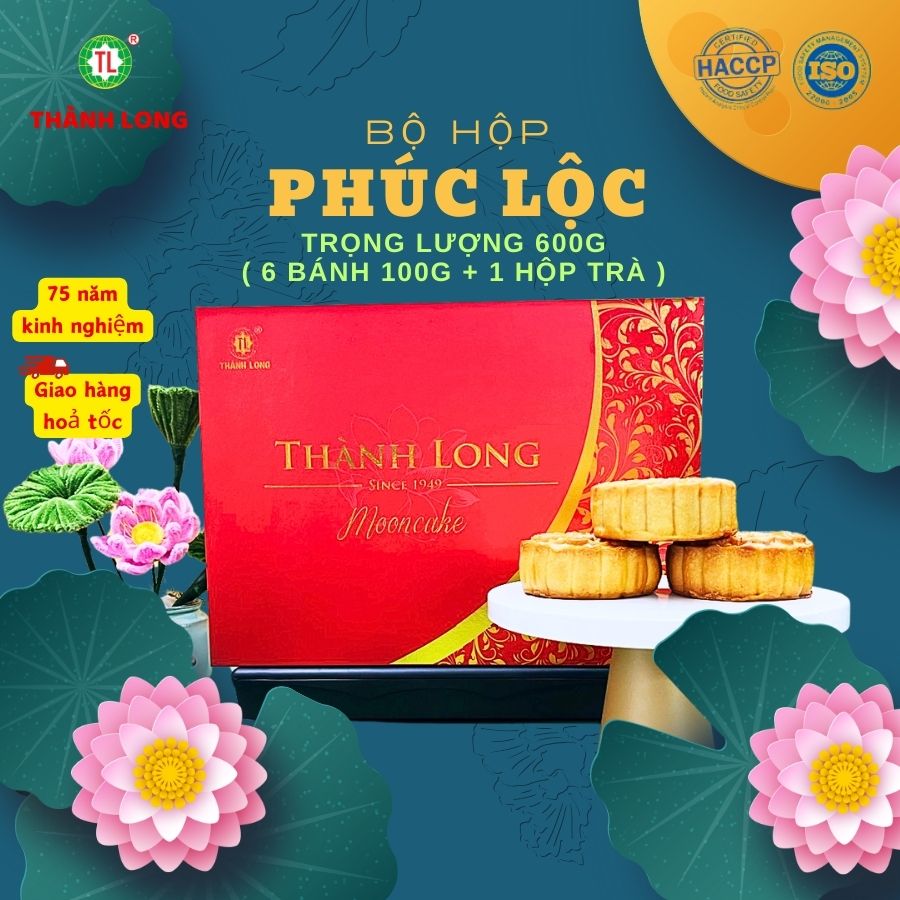 Hộp Bánh Trung Thu 6 Bánh có trứng 100g - Thành Long - Phúc Lộc (600g) - Tặng Một Hộp Trà - Việt Nam